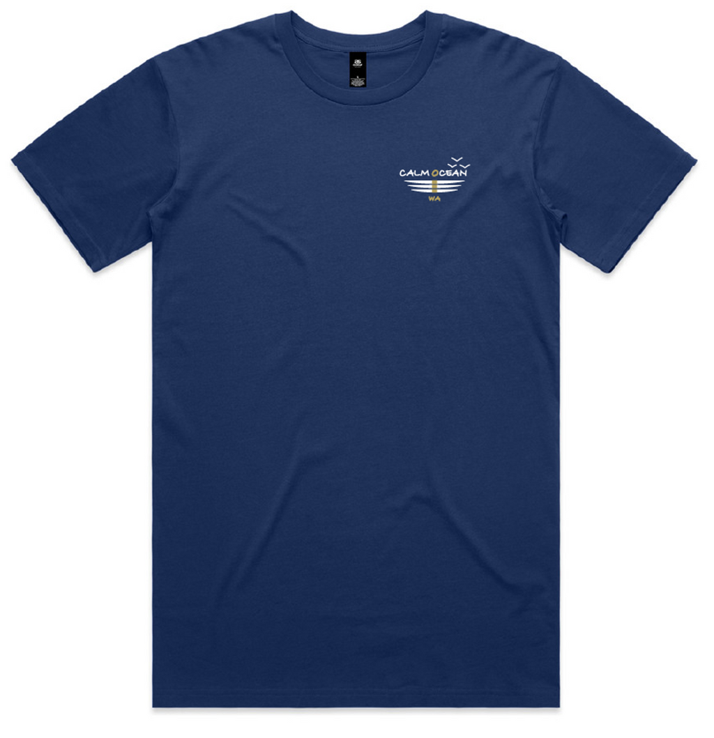Short Sleeve Tee Shirt - Stairs Design on Cobalt Blue Tee with a Gold Print
