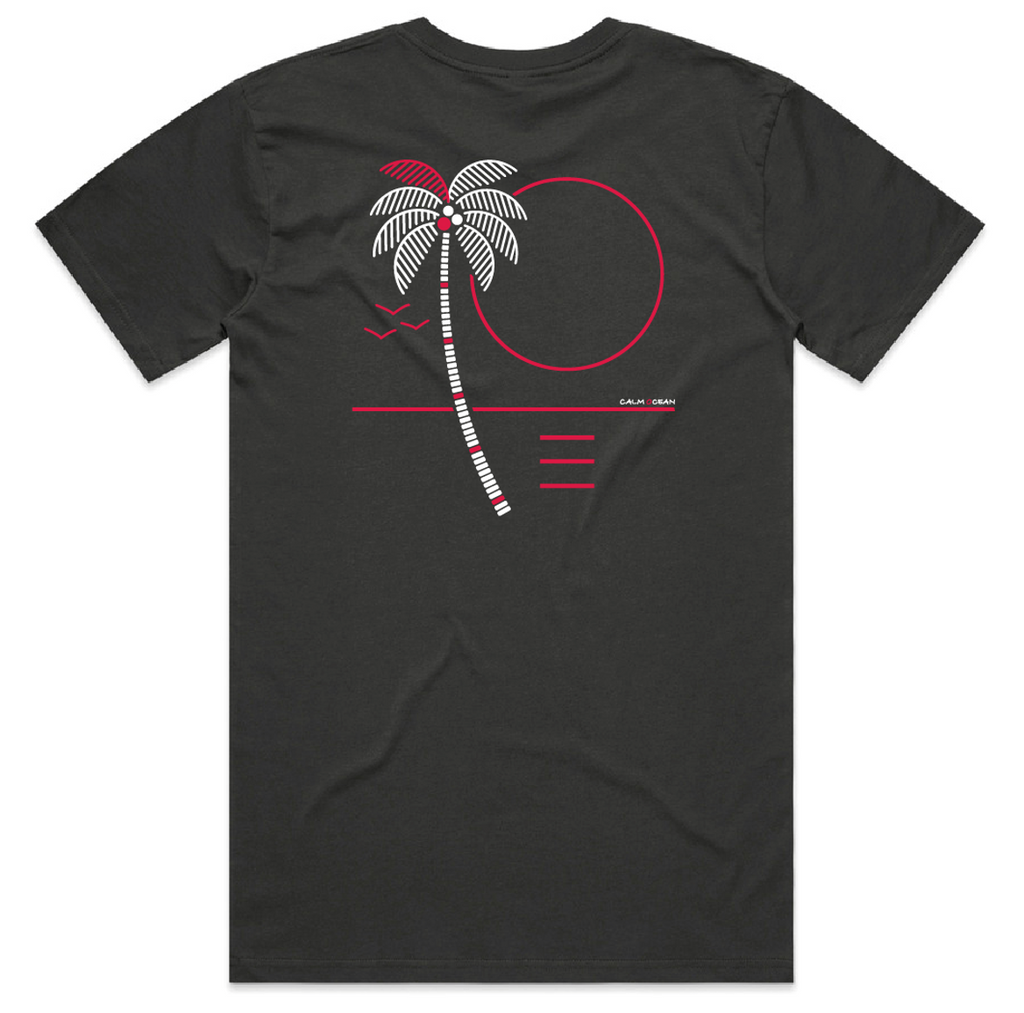 Short Sleeve Tee Shirt - Calm ocean Design Missile Red on Coal coloured Shirt