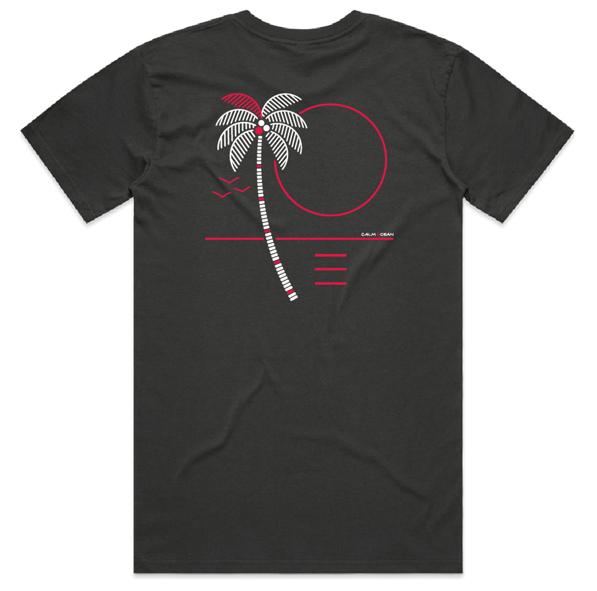Short Sleeve Tee Shirt - Calm ocean Design Missile Red on Coal coloured Shirt