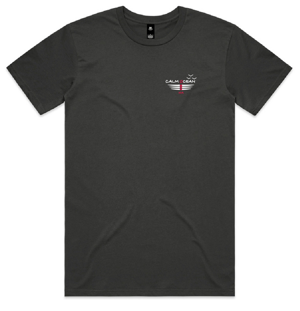 Short Sleeve Tee Shirt - Calm ocean Design Missile Red on Coal coloured Shirt