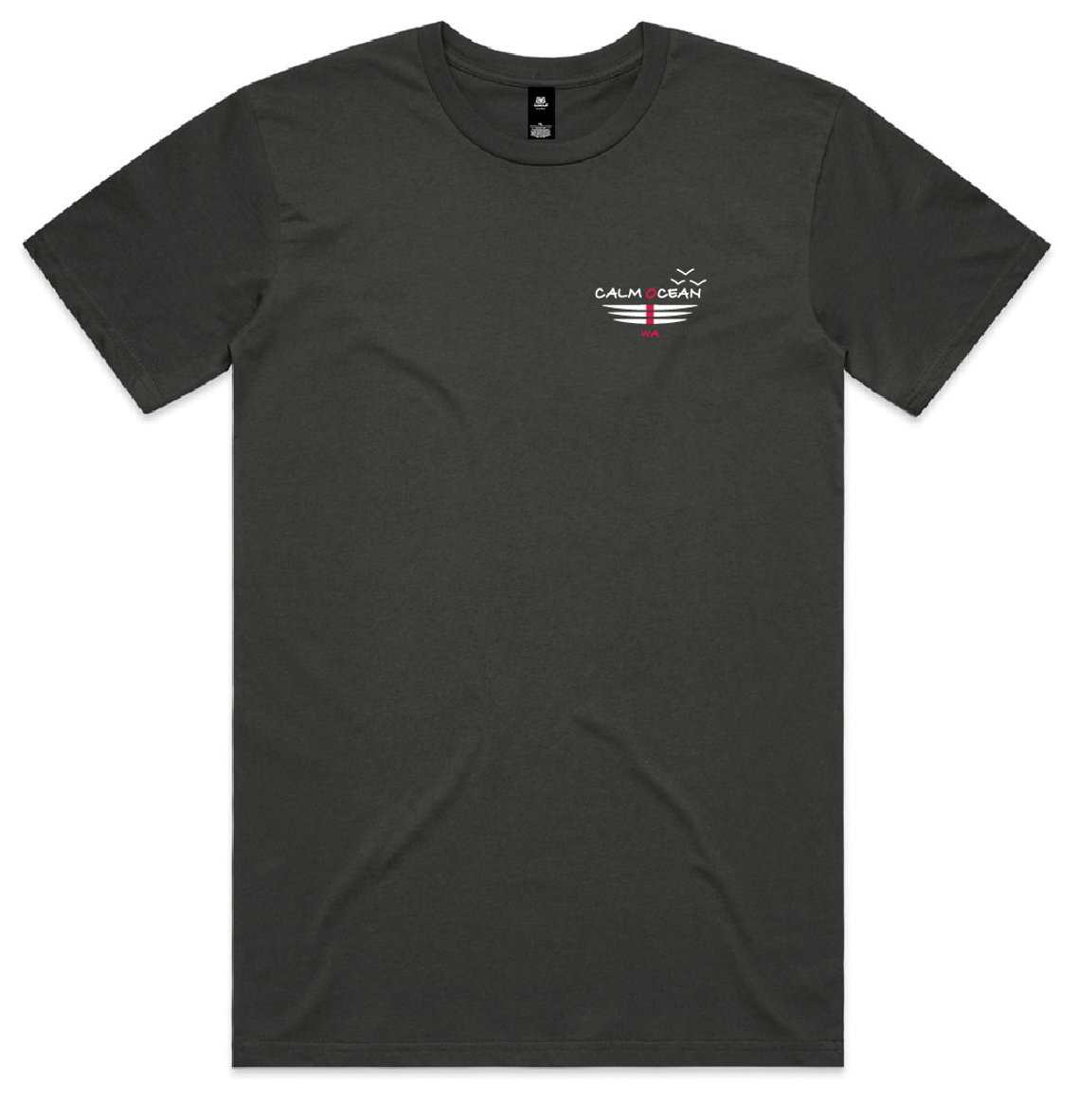 Short Sleeve Tee Shirt - Calm ocean Design Missile Red on Coal coloured Shirt
